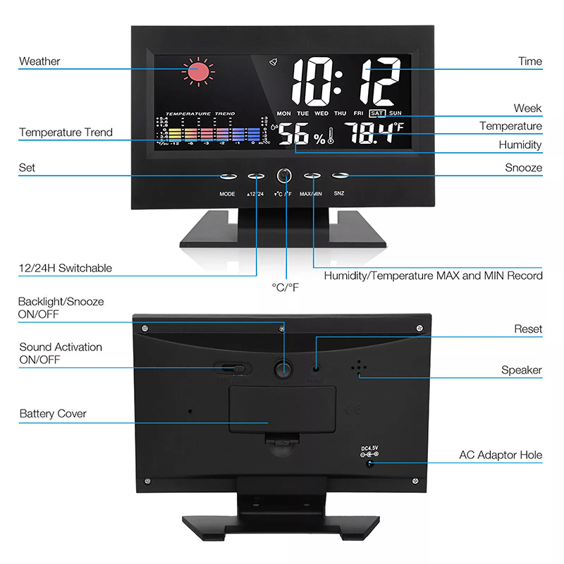 Vivbeau Weather Electronic Alarm Clock，Digital Weather Monitoring Calendar Desk Clock
