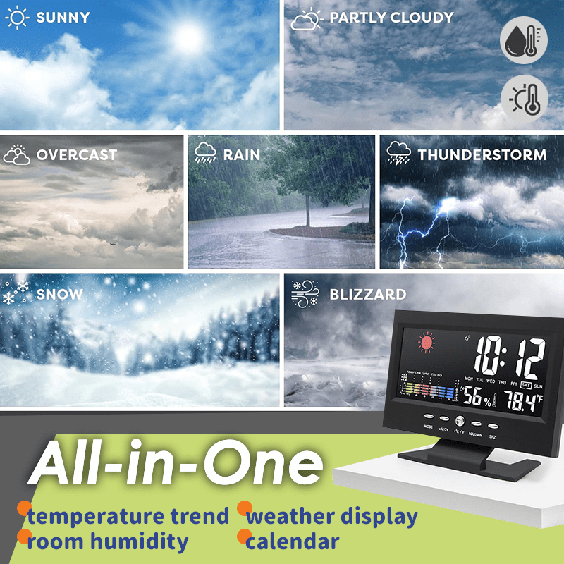 Vivbeau Weather Electronic Alarm Clock，Digital Weather Monitoring Calendar Desk Clock
